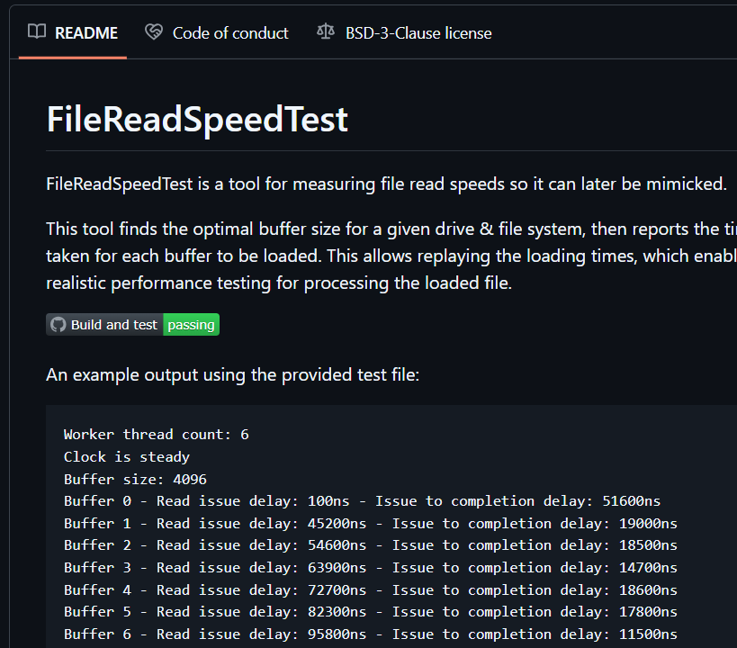 A GitHub page for FileReadSpeedTest
